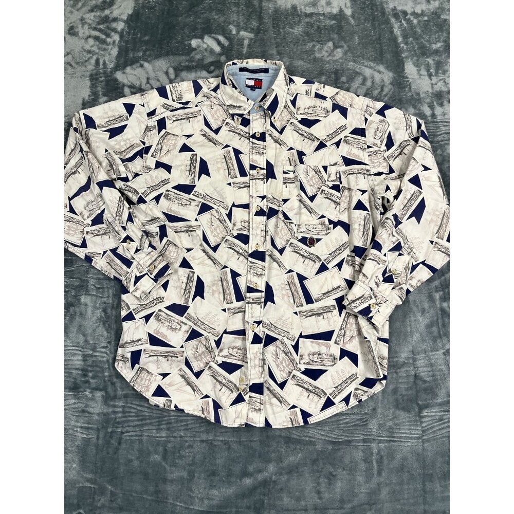 Tommy Hilfiger Nautical Ship Print Shirt Mens Large Blue White Vintage